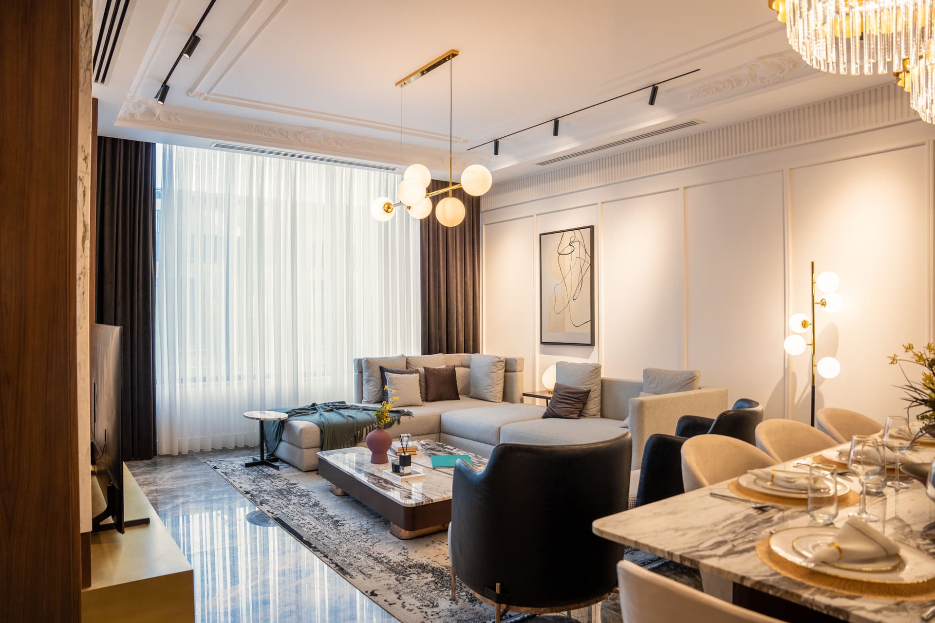 Fully furnished living room with modular built-ins — Furniluxe interiors project in Thane